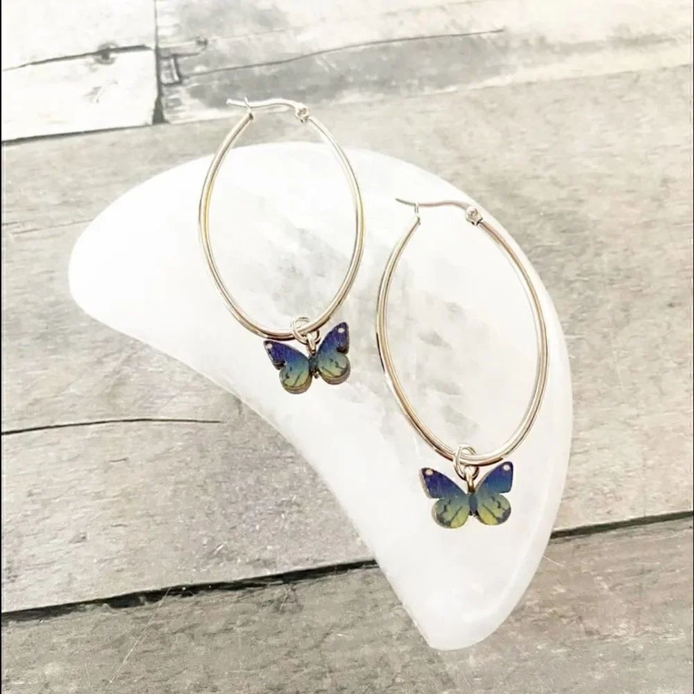 Stainless Steel Wooden Butterfly Hoop Earrings